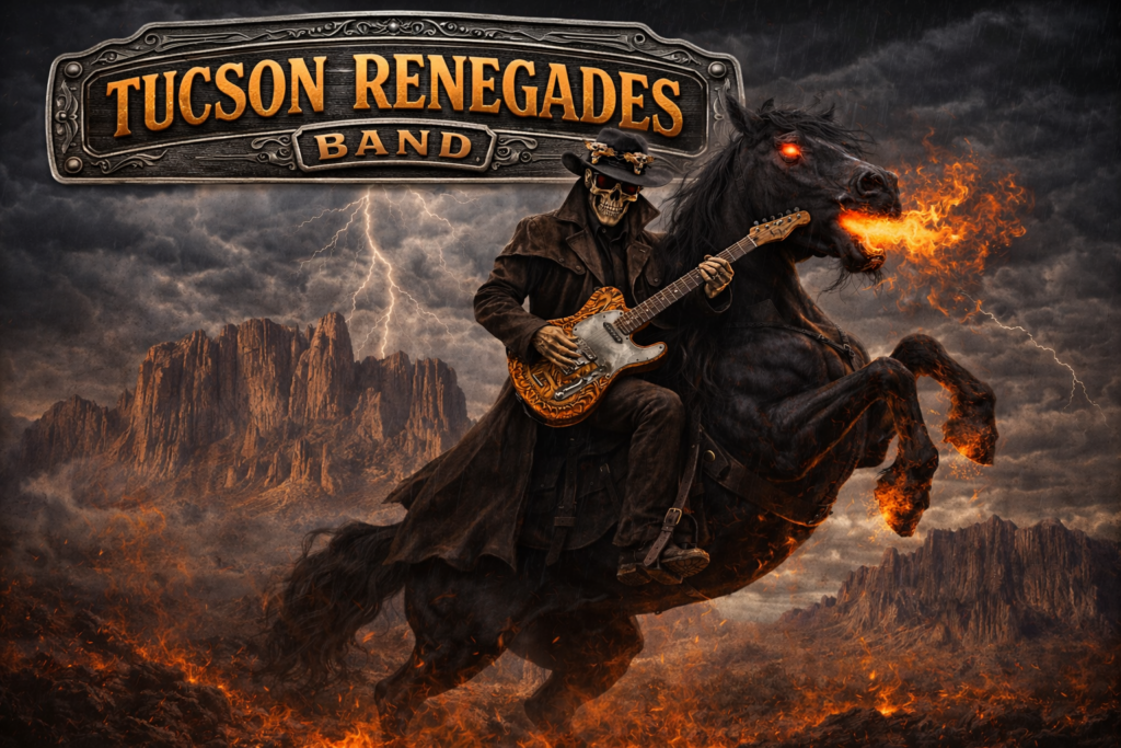 skeletal cowboy in stormy arizona backdrop